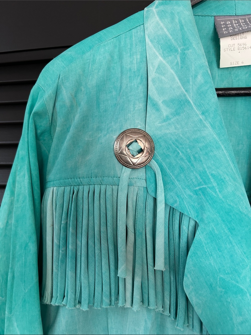 Vintage 80s Rabbit Rabbit Rabbit Turquoise Jumpsuit with Fringe & Conchos, Small - Picture 4 of 16